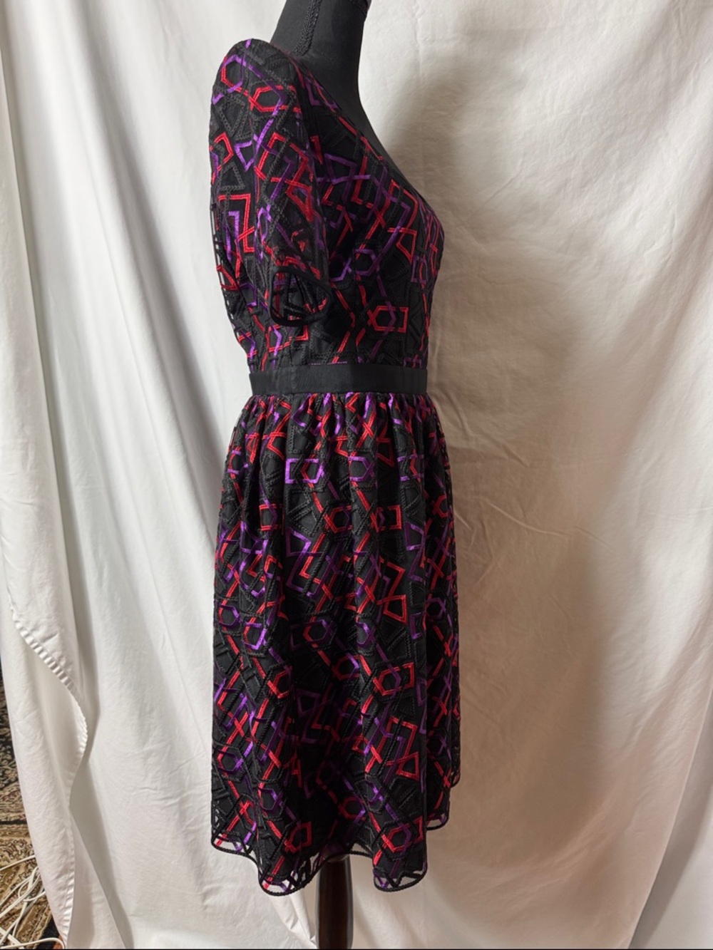 Emporio Armani Black Midi Dress with Red & Purple Geometric Embroidery - Picture 5 of 8